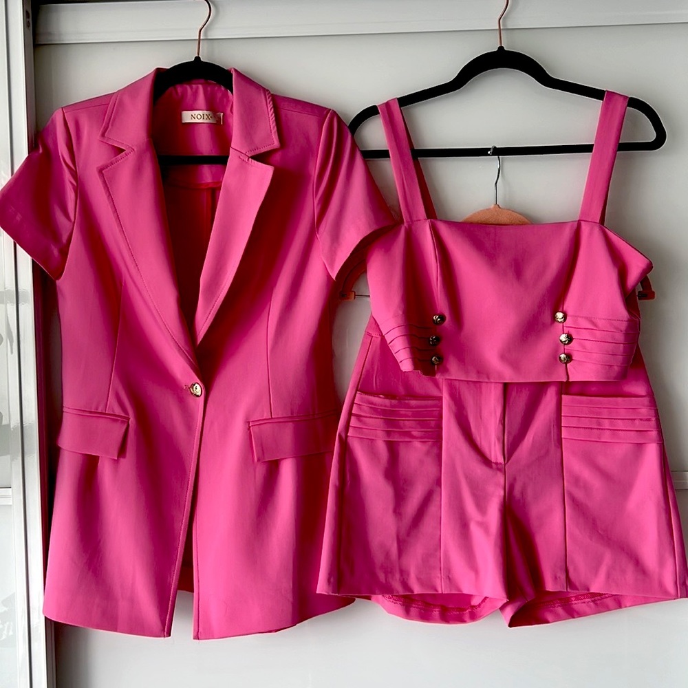 Barbie Pink Suit 3 Piece-high waisted shorts crop top short sleeve suit jacket